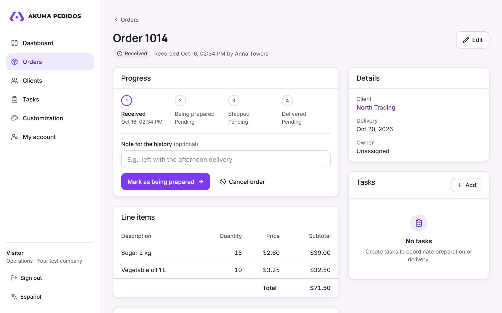 Order details in Akuma Pedidos: Progress, line items, total and history.
