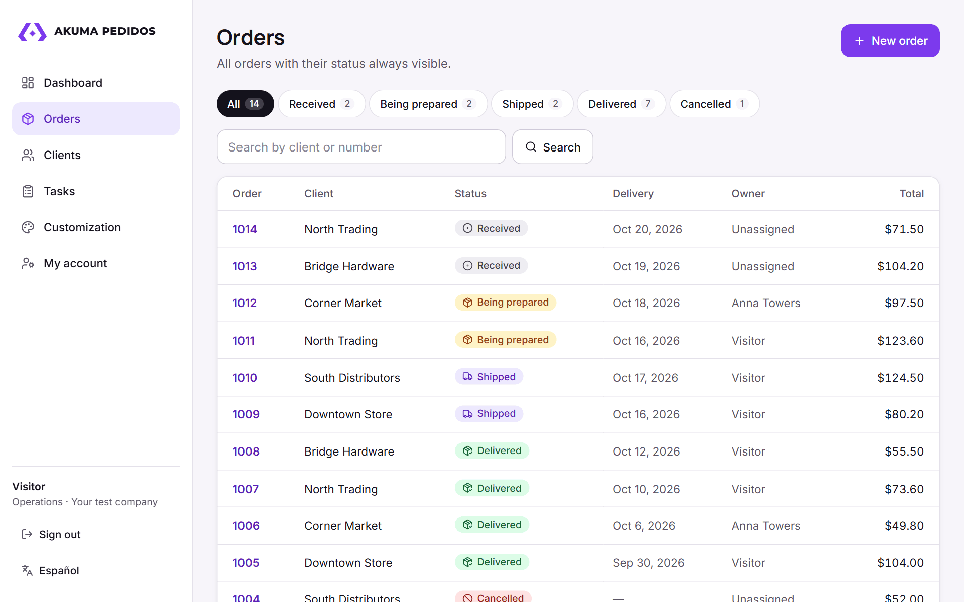 Orders in Akuma Pedidos: Filter by status and search by client or number.