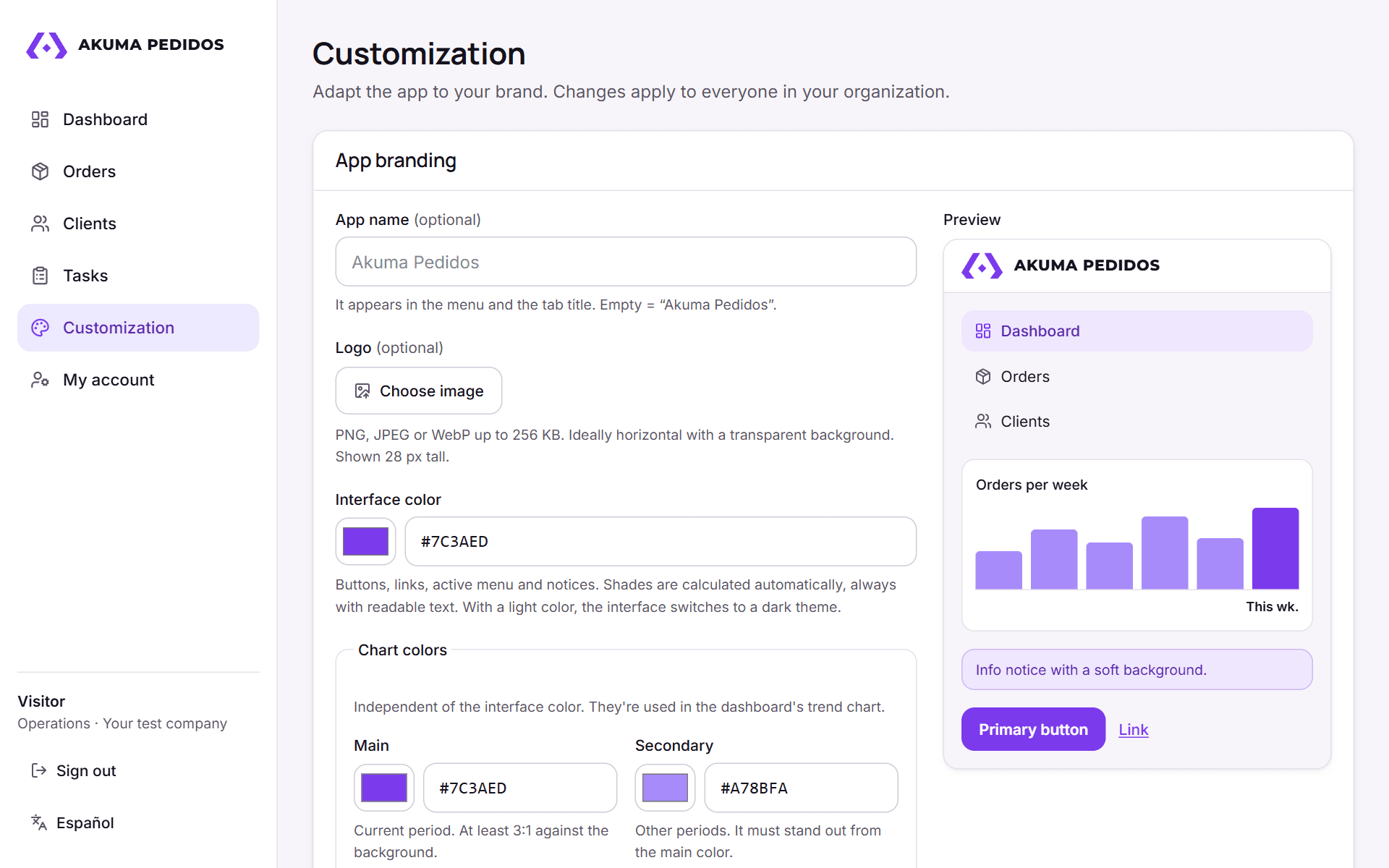 Customization in Akuma Pedidos: Your name, logo and colors, with a live preview.