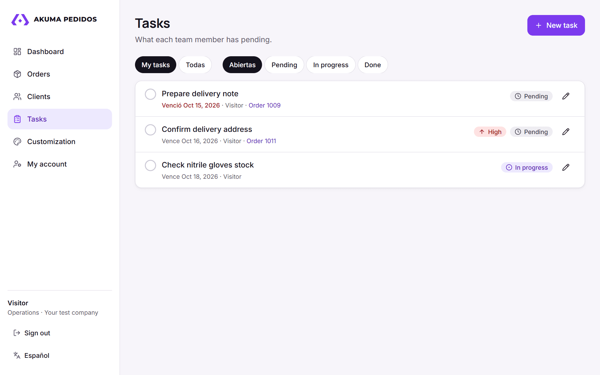 Tasks in Akuma Pedidos: Who does what, and by when.