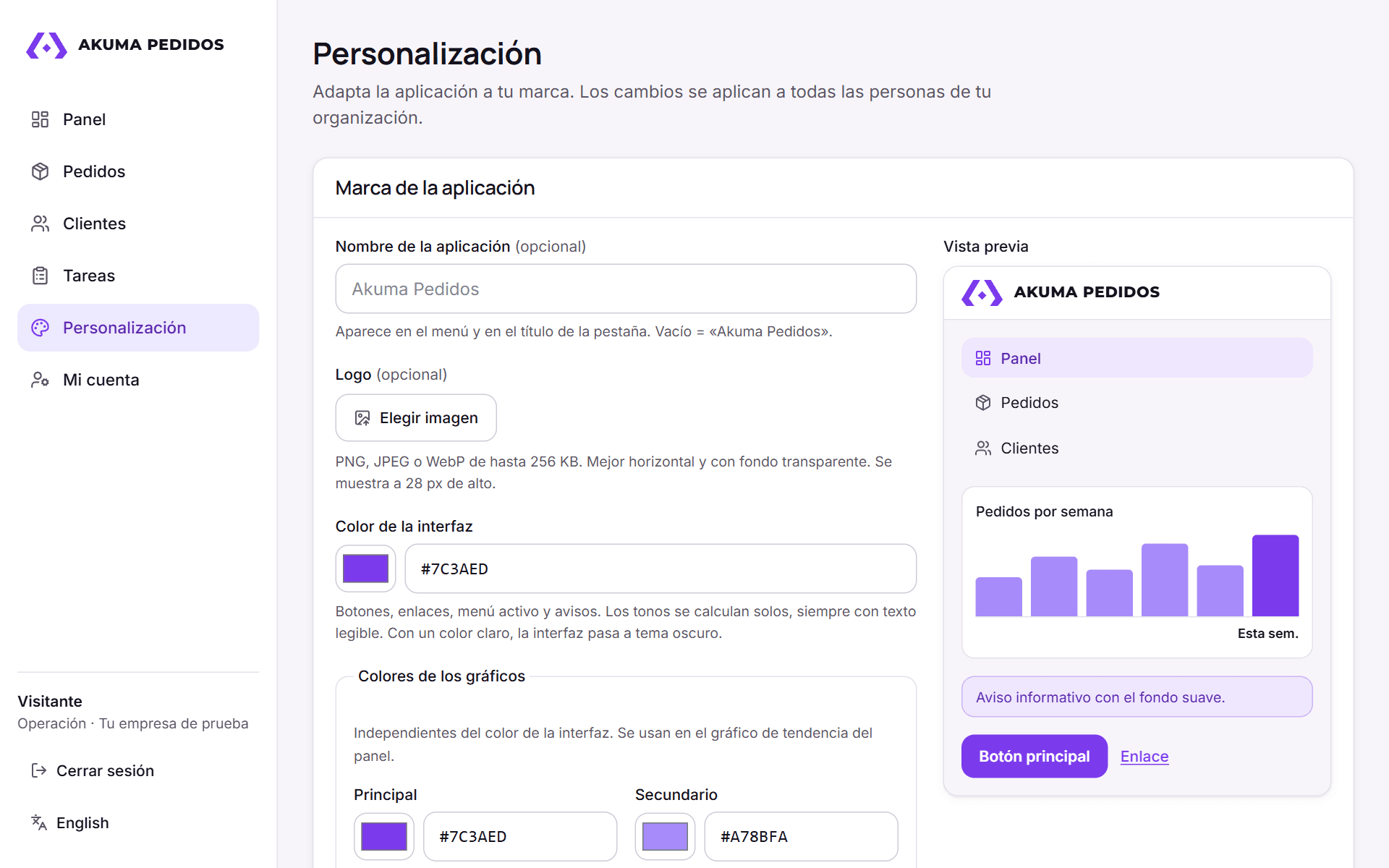 Personalización de Akuma Pedidos: Tu nombre, logo y colores, con vista previa.